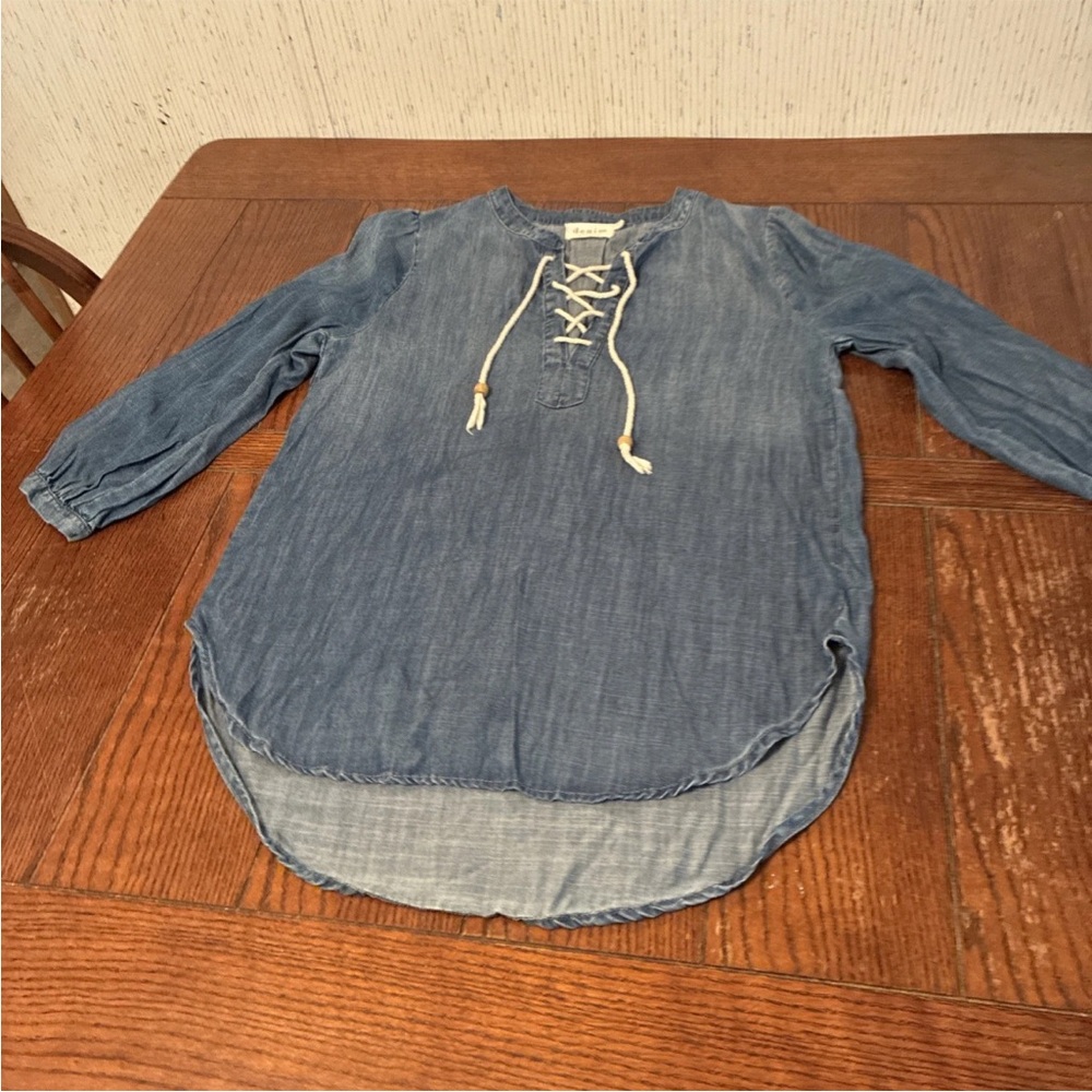 Denim by Ellison Hi Low 3/4 Sleeve Lace Up Pullover Blouse Size S 100% Tencel